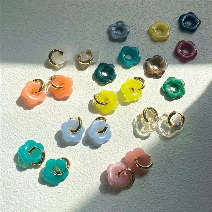 Boucles d'oreilles en résine de fleur acrylique rose, bijoux simples ronds creux en cuivre pour filles, cadeaux de personnalité de fête mignons, 2022