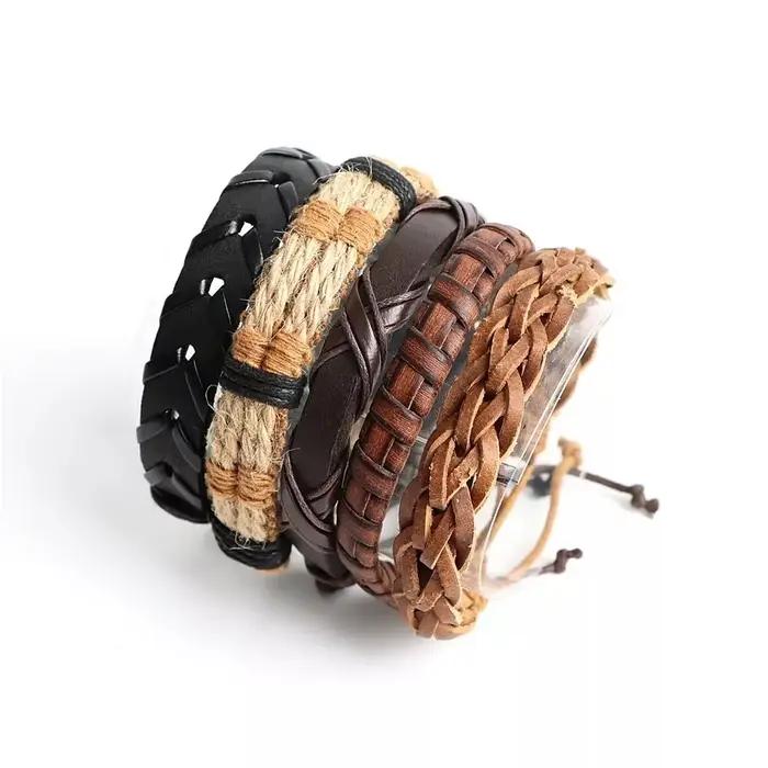 20 pièces Bracelets en cuir tressé pour hommes femmes envelopper perles de bois manchette Bracelet cordons de chanvre