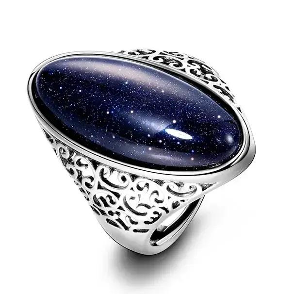 Bague rétro en argent, bijoux Vintage en pierre de grès bleue, grande pierre de luxe élégante, cadeau fin pour femmes et hommes