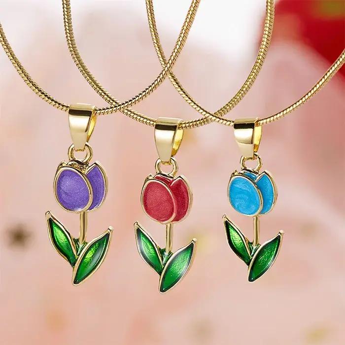 Collier Vintage élégant avec pendentif en forme de tulipe pour femmes mode esthetique fleurs chaine de clavicule ras du cou bijoux de fête de mariage occasions spéciales