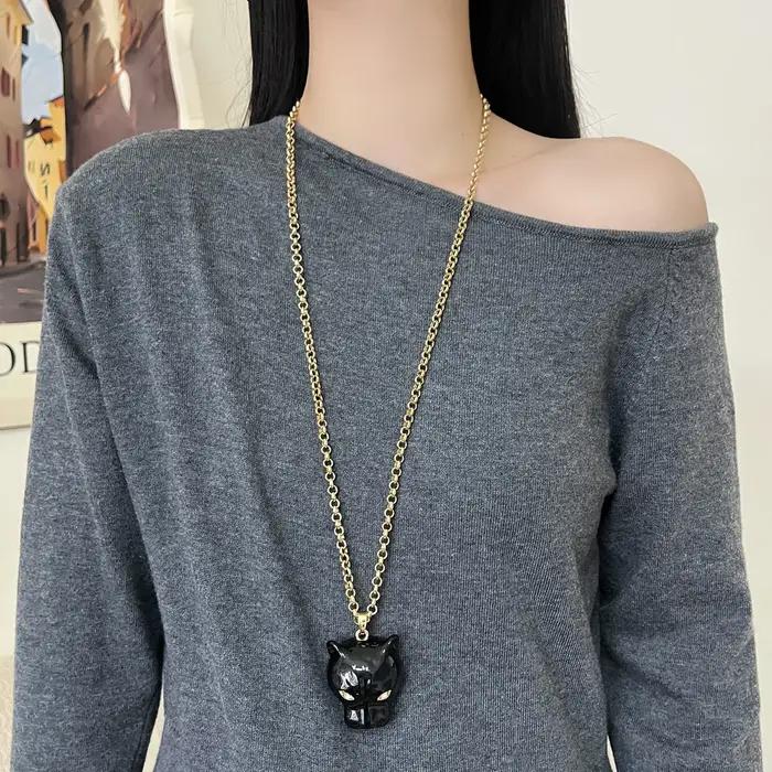 Collier chaîne de pull tête de panthère en émail pour femmes