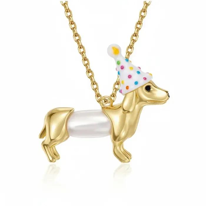 Collier Chien de Dessin Animé pour Femme et Fille, Collier Chien Mignon avec Chapeau de Fête et Perles, Nouveau Collier Chaîne Tendance, Bijou Accessoire Cadeau