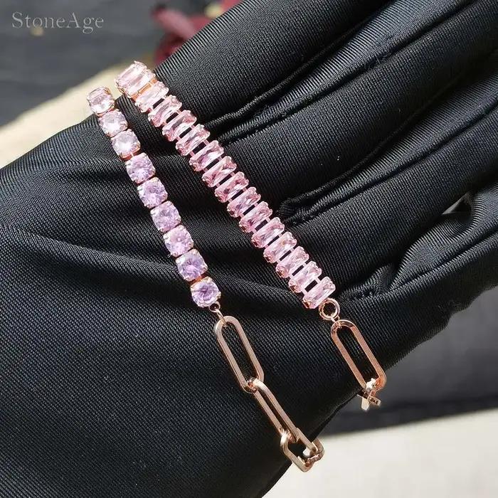 Bracelet de Tennis en Cristal Rose pour Femmes Style Mode Zircone Brillante Occasions Spéciales