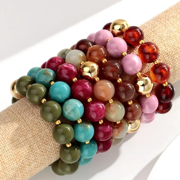Nouveaux colliers et bracelets en résine à perles rondes pour femmes et hommes