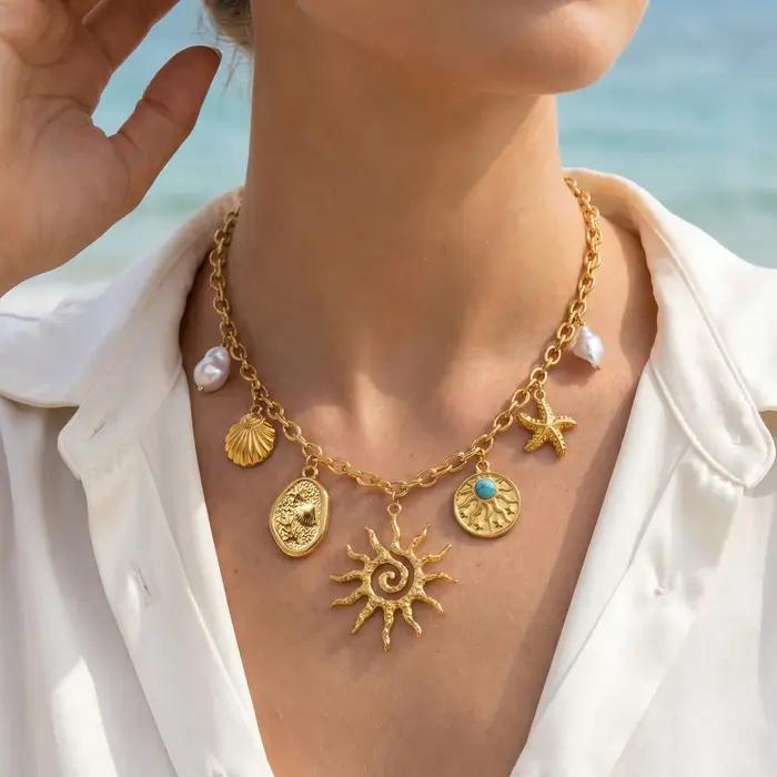 Collier Soleil, Acier Inoxydable Plaqué Or 18K