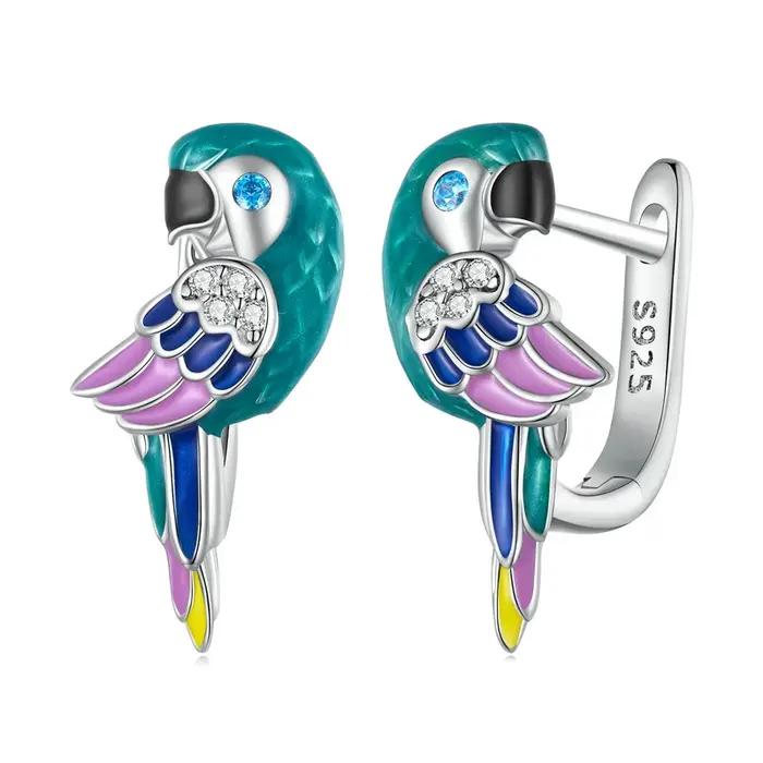 WOSTU 925 en argent Sterling arc-en-ciel perroquet boucles d'oreilles pour les femmes mignon animal