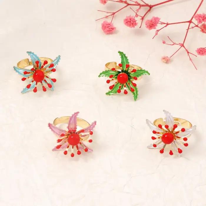 Bague ajustable bohème multicolore à fleurs épanouies pour femmes occasions spéciales tracker d'humeur alliance mariage diverses couleurs motifs floraux