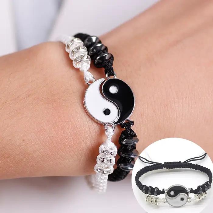 Couple Bracelets anneaux Yin Yang Tai Chi alliage pendentif réglable tresse chaîne collier correspondant amant Bracelet