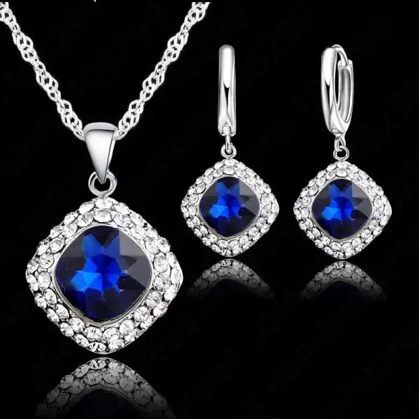 Ensemble de bijoux en strass bleu paon avec pendentif en argent Sterling 925 et cristal blanc pour femmes occassions spéciales mariage fiançailles anniversaire soirée