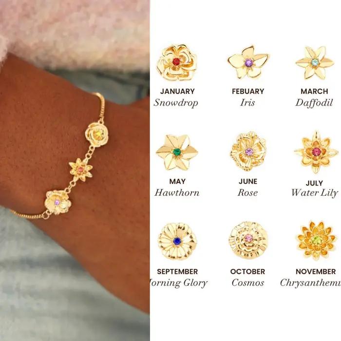 Bracelet de fleur de naissance personnalisé en métal de base or rose or plaqué argent cadeau d'anniversaire fête des mères bijou pour femme occassionnelle spécial