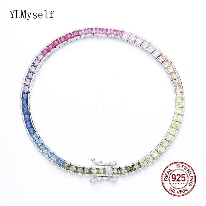 Bracelet de tennis en argent pur pour femme, 17.5 cm, carré de 4 mm de large, 2.5x2.5mm, Bling Rainb