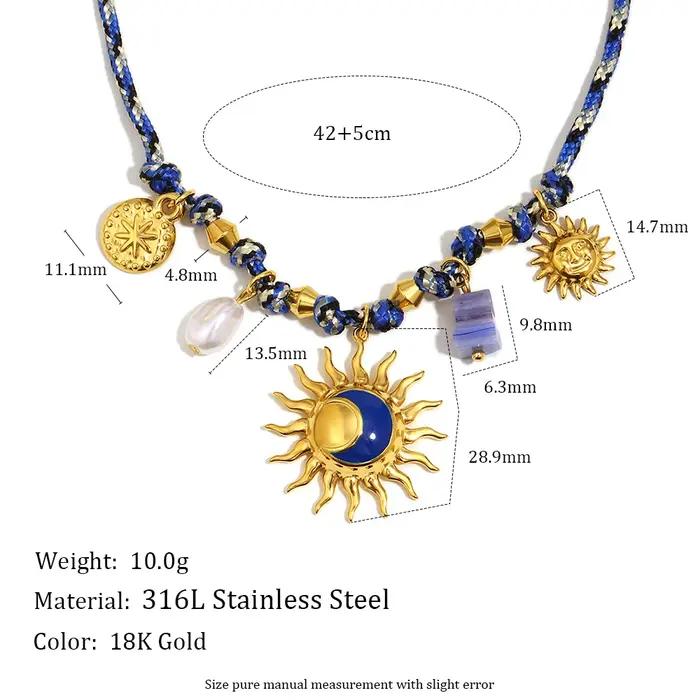 Collier à breloques soleil bleu en acier inoxydable plaqué or 18 carats pour femmes styles bohémiens occasions spéciales