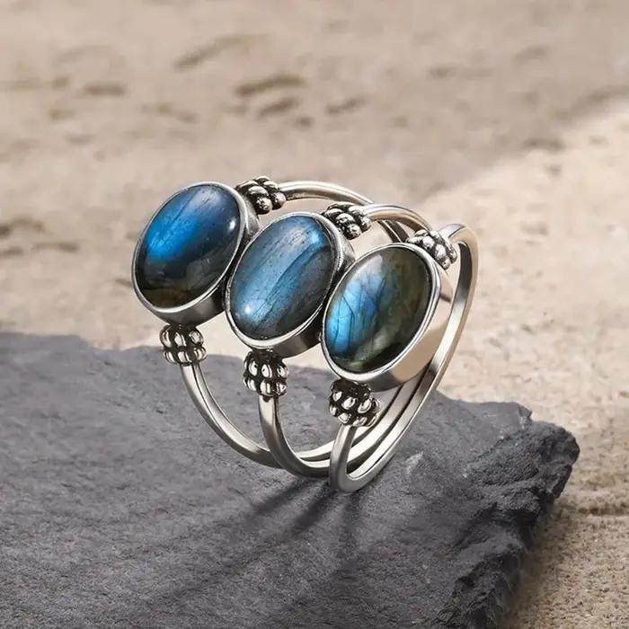 Bague Vintage en Argent Sterling 925 Sertie de Labradorite Naturelle Ovale Idéale pour Femmes Occasions Spéciales