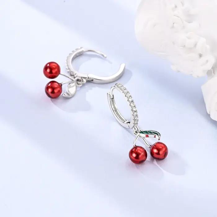 Boucles d'oreilles cerise originales en argent Sterling 925