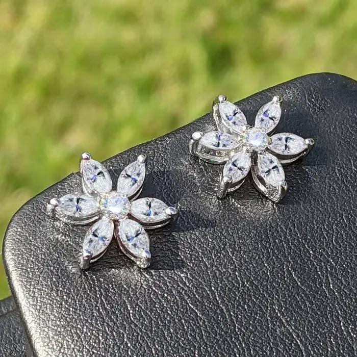 Boucles d'oreilles à clous en Moissanite pour femmes, grappe de fleurs, diamant de laboratoire, taille Marquise, bijoux fins en argent Sterling 925