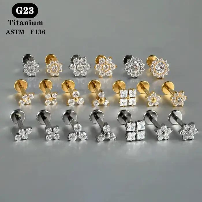 1 PC ASTM F136 titane Zircon dos plat boucle d'oreille fleur clous