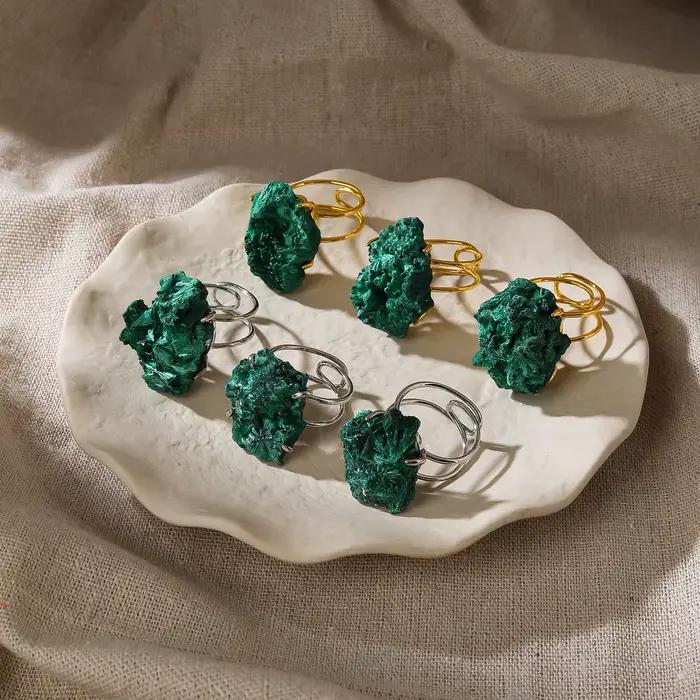 Bagues ajustables en argent plaqué or avec géodes d'azurite et de malachite naturelles, style bohème