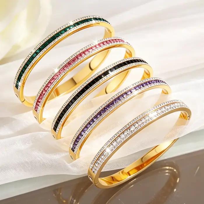 Bracelet Yupsk en acier inoxydable incrusté de zircons géométriques multicolores pour femmes