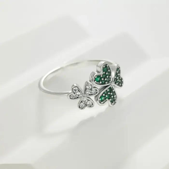 Bague en argent sterling 925 avec trèfle vert et blanc