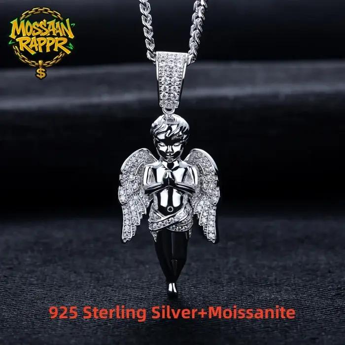 Moissanite glacé ange béni pendentif Bling Hip Hop collier 925 en argent Sterling hommes mode Punk Rock bijoux