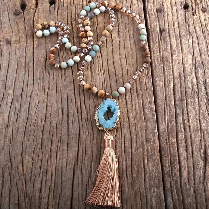 Mode bohème bijoux pierres semi-précieuses nouées Druzy pierre liens gland colliers pour femmes Boho collier