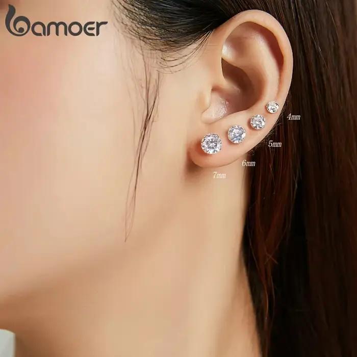 Bamoer CZ Boucles d'oreilles à tige en argent sterling 925 plaqué platine rond zircon cubique hypoallergénique