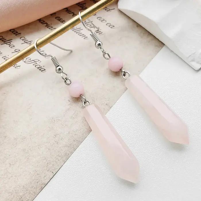 Boucles d'oreilles pendantes en quartz rose pour femmes