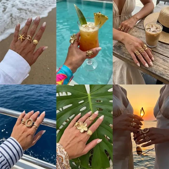 Lot de 9 bagues tropicales océaniques pour femme