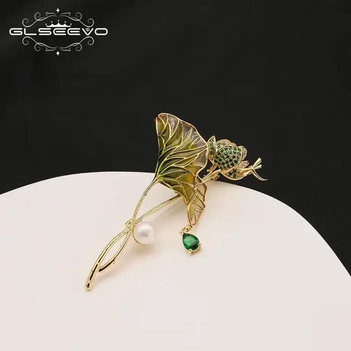 Bijoux doré fleur de Lotus feuille perles d'eau douce naturelles broche cadeau pour femmes fille épingles élégantes