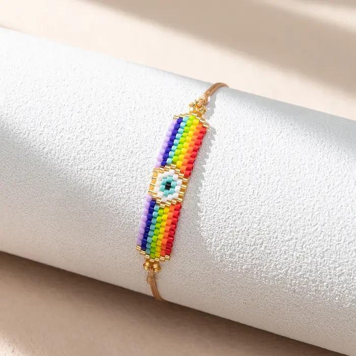 Miyuki Boho Colorful Beaded Bracelet Women's Trendy Rainbow Jewelry Charm Evil Eye Handmade Gift