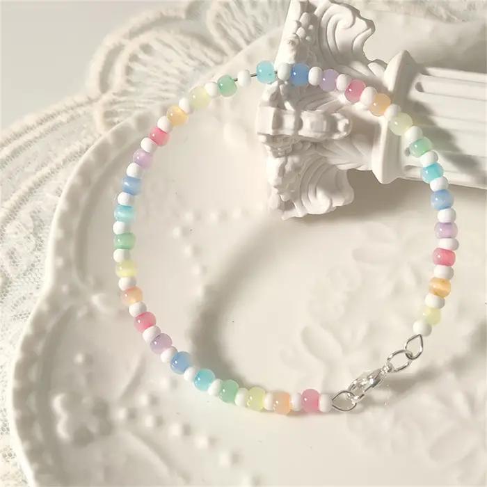 Bracelet de perles aux couleurs arc-en-ciel pour filles, design simple coréen, pierre œil de chat, s
