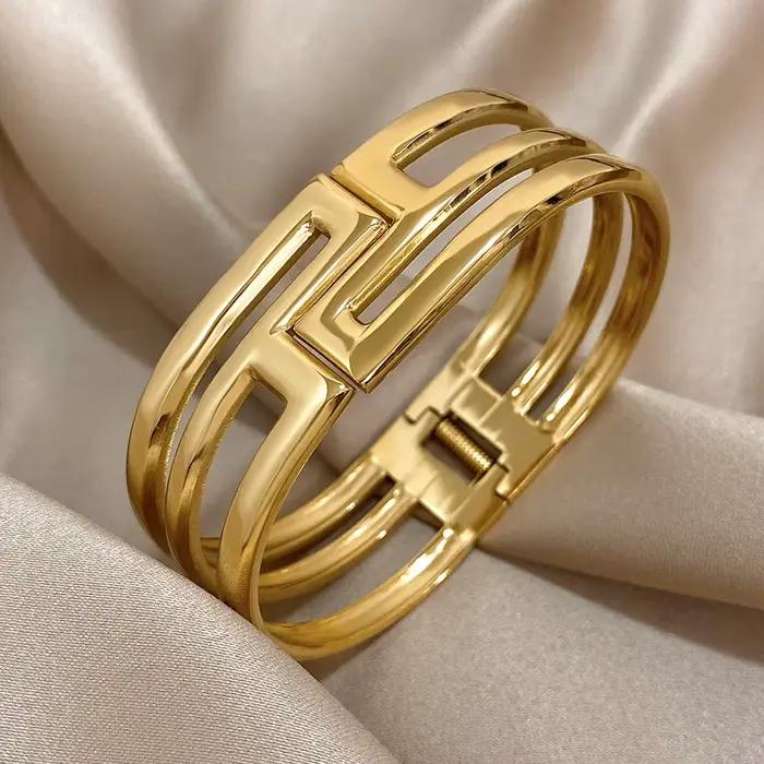 Greatera – Bracelet métallique à ouverture en métal lourd pour hommes, deux tons ajourés, géométrie Chic, haute qualité, bijoux pour femmes, cadeau, nouveau