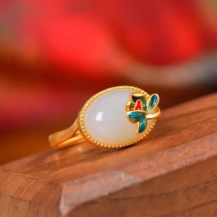 Bagues typoovales en émail de jade naturel Hetian pour femmes, artisanat en or prairie, bijoux de banquet de style ethnique classique, mode