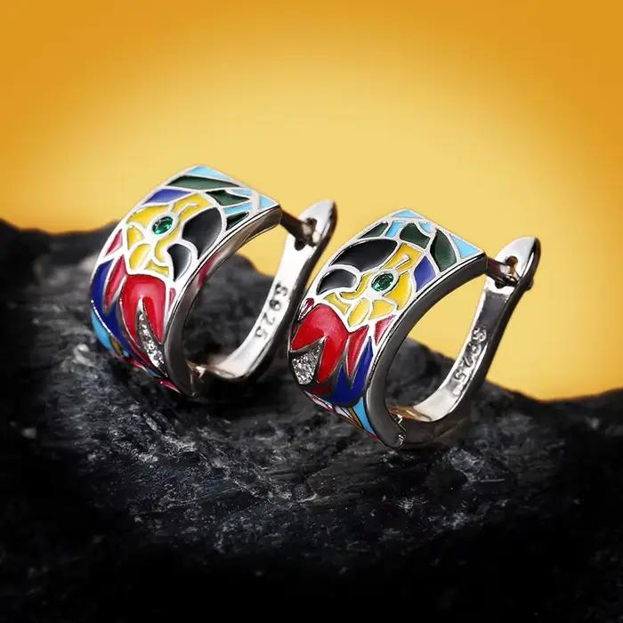 Boucles d'oreilles en forme de perroquet pour femmes, en argent 925, colorées, faites à la main, en émail, uniques, à la mode, géométriques, bohème