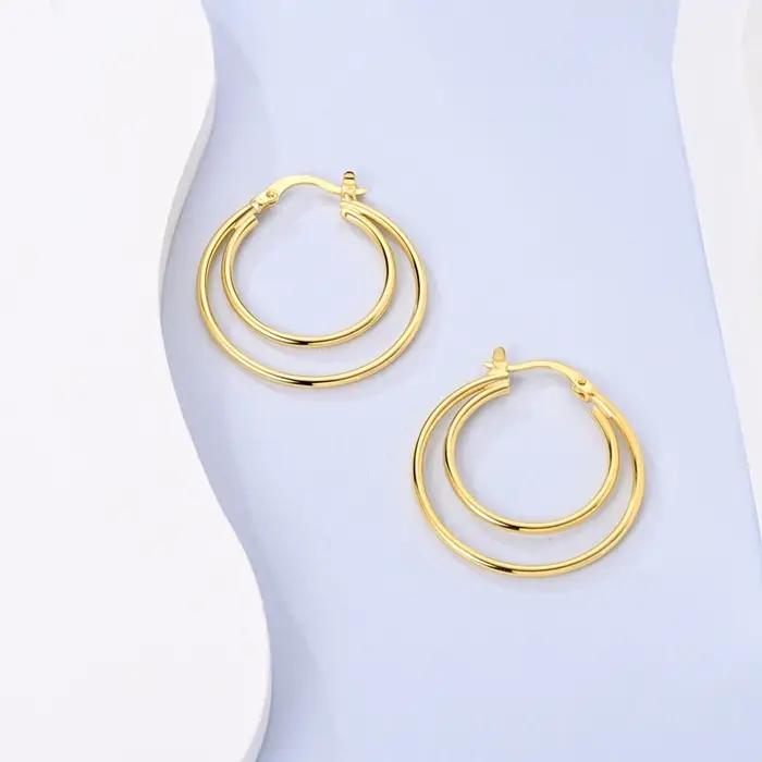 Boucles d'oreilles en argent sterling 925 dorées pour femmes, grandes boucles d'oreilles doubles sci
