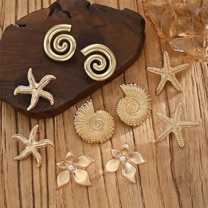 Ensemble de 5 paires de boucles d'oreilles étoile de mer en résine or pour femmes, style bohème, bijoux quotidiens et cadeaux pour toutes les occasions