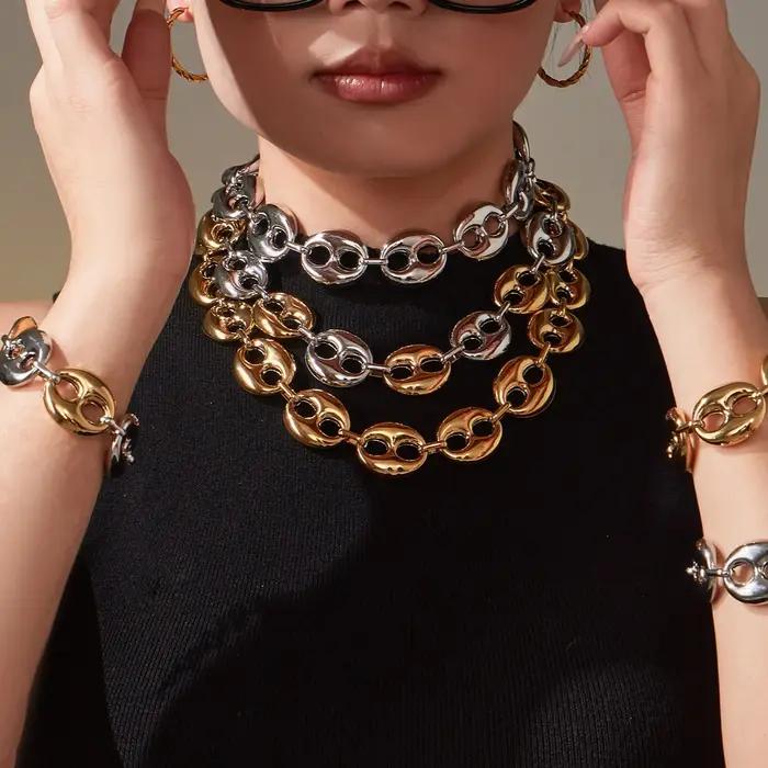 Ensemble de collier et bracelet en acier inoxydable plaqué or pour femmes occasions spéciales