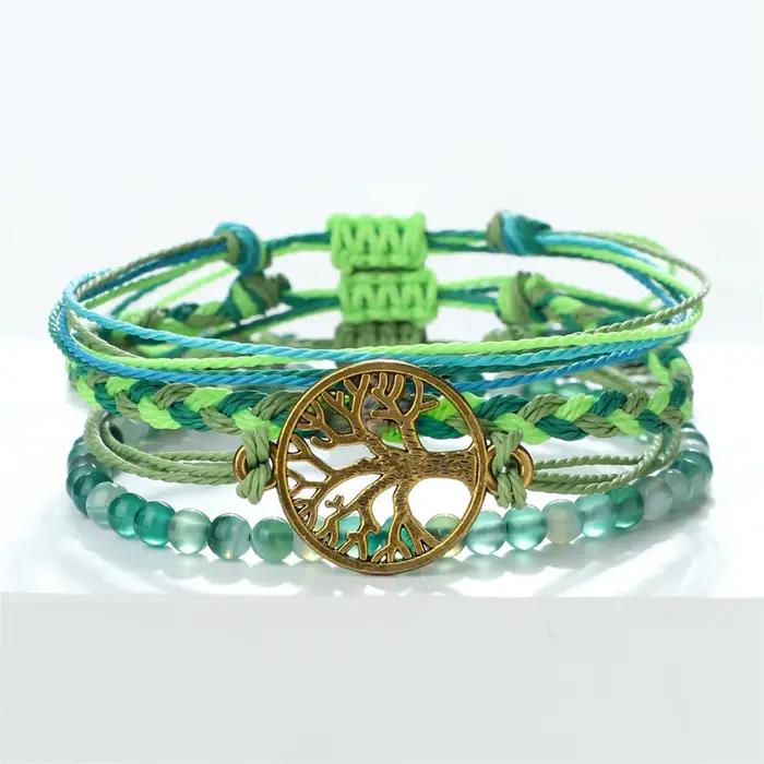 Bracelet Arbre de Vie Boho Chic pour Hommes et Femmes, Ensemble de 4 Pièces en Perles Naturelles et Corde Tressée Manuelle Occasions Spéciales