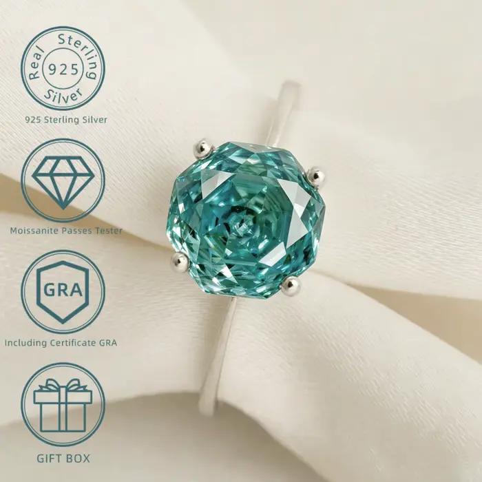 Bague solitaire en moissanite bleu-vert taille octogonale 8*8mm 2 carats