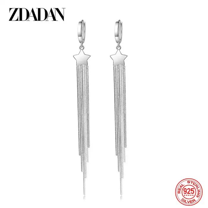 ZDADAN 925 en argent Sterling étoile à cinq branches frangée longues boucles d'oreilles pour les femmes mode fête cadeau de mariage