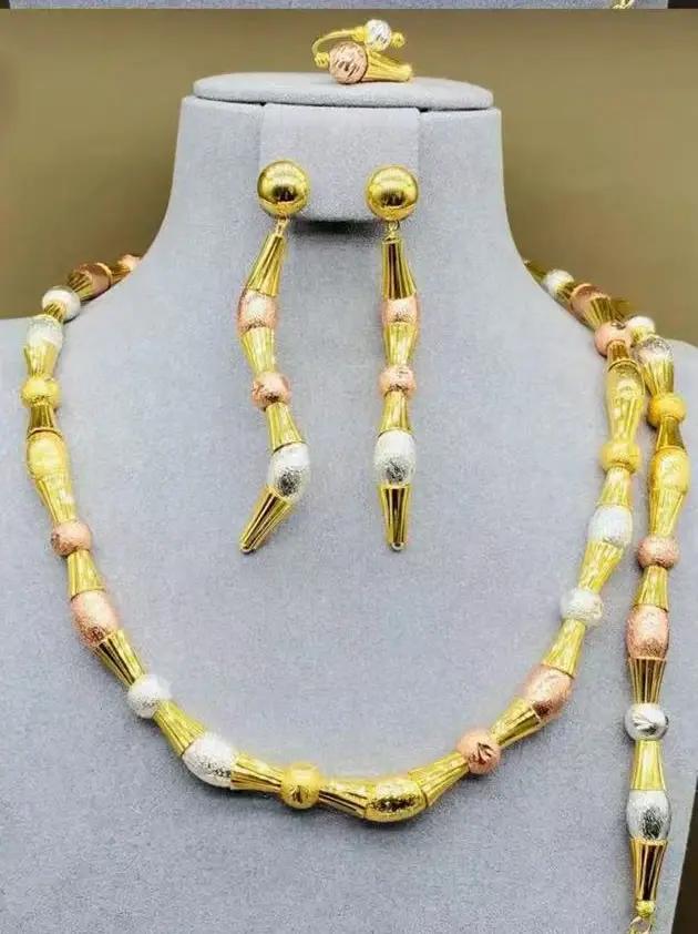 Parure de bijoux en perles de bambou africaines plaquée or 24 carats pour femme, collier, boucles d'