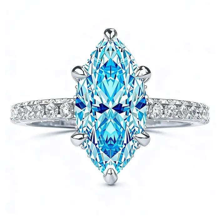 Wong Rain 925 argent Sterling Marquise coupe 6*12 MM aigue-marine haute teneur en carbone diamant gemmes bague de fiançailles pour les femmes bijoux fins
