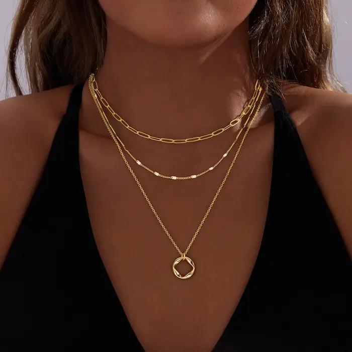 Colliers en or superposés pour femmes, empilables, plaqué or 14 carats, argent, cercle, trombone, ch