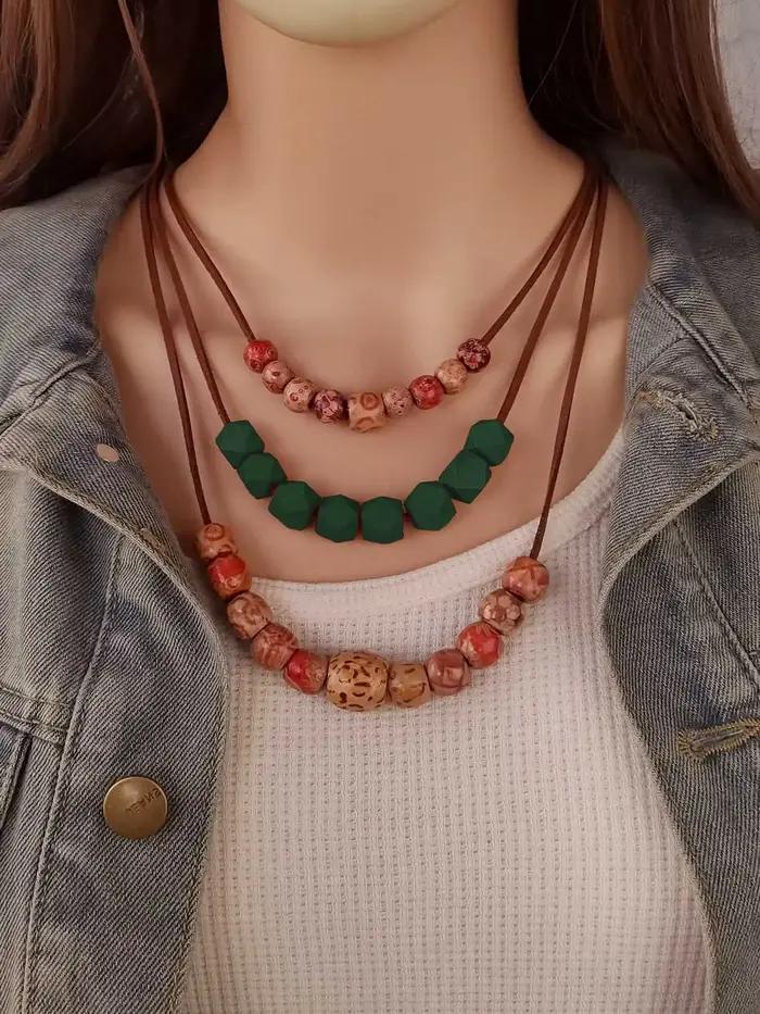 Collier de perles en bois naturel multicouche pour femmes