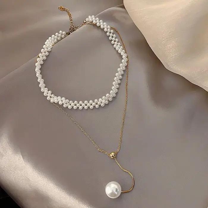 Collier de perles imité avec chaîne de clavicule pour femmes, bijou élégant pour cérémonies, mariages et occasions spéciales