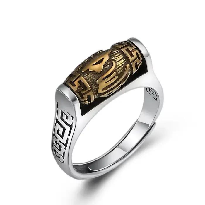 Bague Vintage en argent Sterling 925 pour hommes, perle rotative, écritures bouddhistes, bijoux à la mode, Index masculin, cadeau pour petit ami