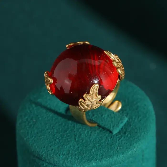 Vintage glace rouge glaçure Cube anneau feuille réglable couleur or qualité luxe concepteur cadeaux pour femme accessoires Thanksgiving 2025