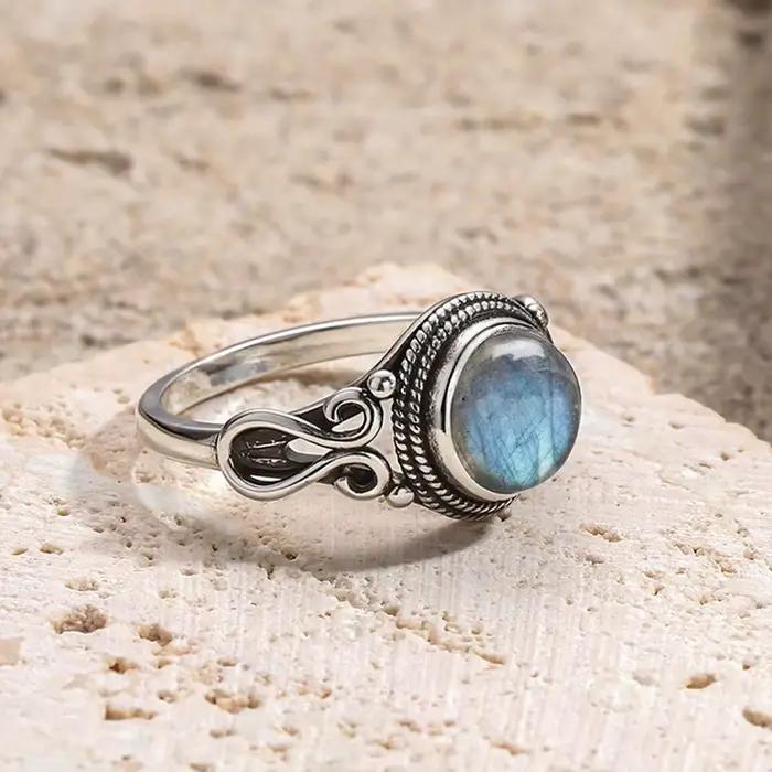 Bague Vintage en argent Sterling 925 avec pierre de Labradorite naturelle