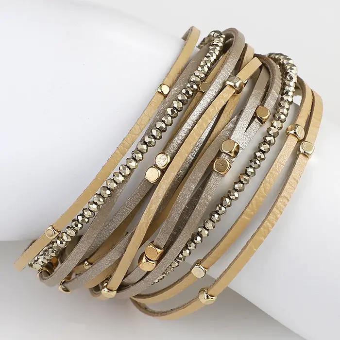 ALLYES Champagne Bracelets en cuir véritable pour femmes Boho multicouche métal charme résine perles