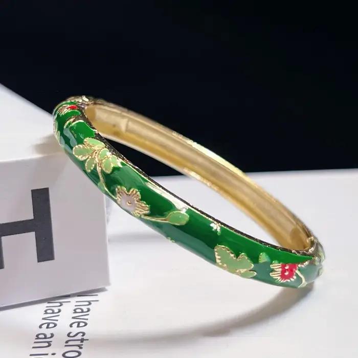 Bracelet en émail cloisonné chinois, double jonc, motif pivoine traditionnel, filigrane floral, ethn